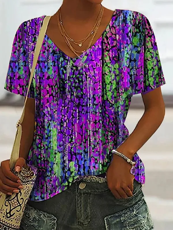 Women's T shirt Tee Pink Red Blue Graphic Asymmetrical Print Short Sleeve Daily Weekend Basic V Neck Regular Fit Abstract Painting