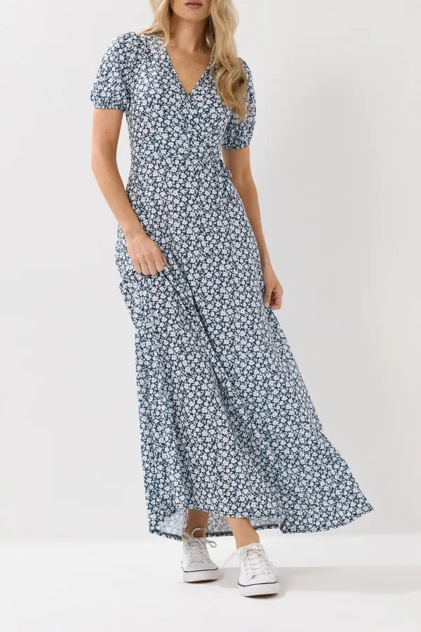 Navy Blue Ditsy Floral Print V-neck Dress