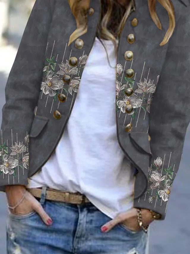 Women's Casual Jacket Causal Floral Print Comfortable Artistic Style Loose Fit Outerwear Long Sleeve Fall Grey