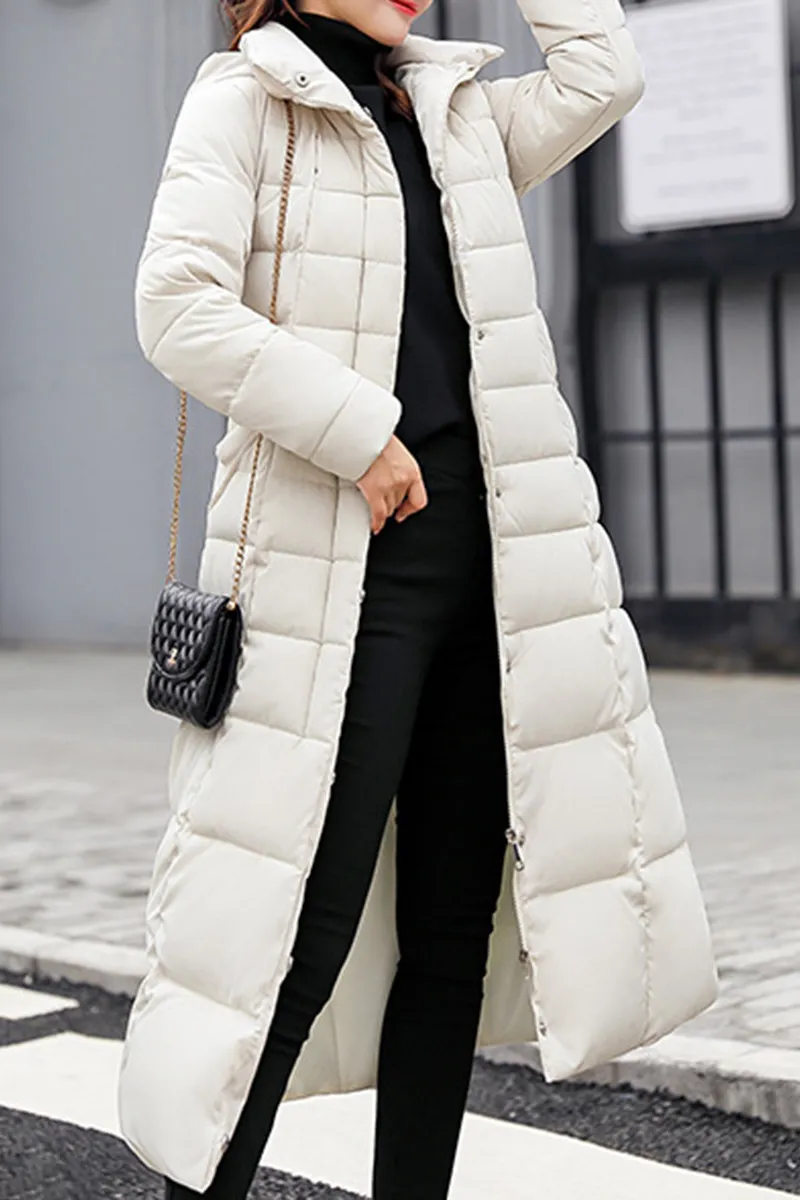 Hooded Fur Collar Belt Plain Coat