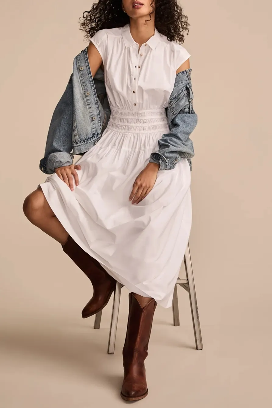 Bright White Smocked Dropped Waist Midi Dress
