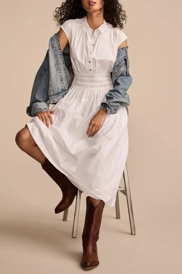 Bright White Smocked Dropped Waist Midi Dress
