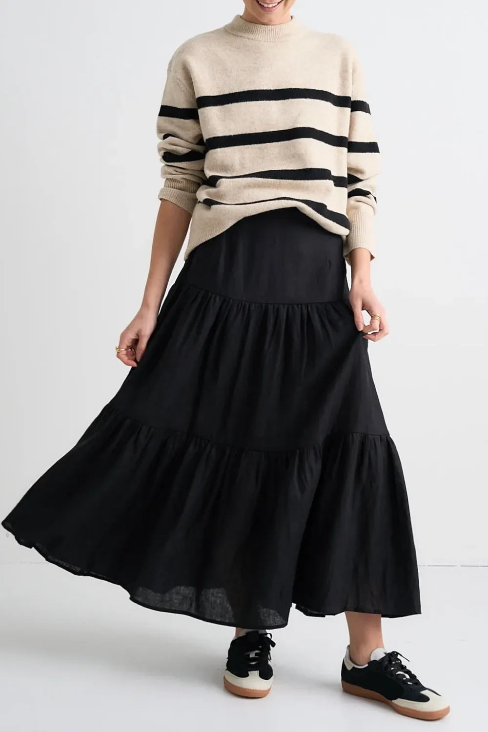 Ruffled Hem Linen Midi Skirt