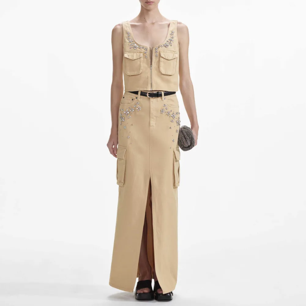 Embellished Denim Cargo Maxi Skirt