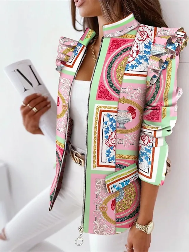 Women's Blazer Formal Casual Daily Baroque Ruffle Full Zip Print Outdoor Work Street Daily Cotton Coat Winter Fall Leopard Black Pink Zipper Stand Collar Regular Fit S M L XL XXL