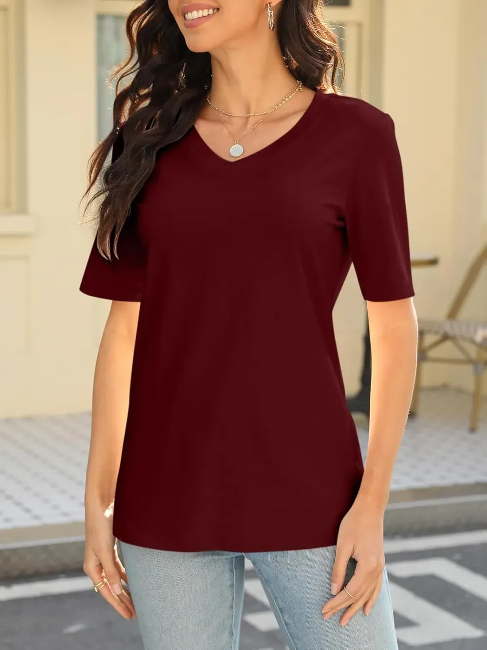 ORANDESIGNE Women's Color Block Short Sleeve T Shirts Casual V Neck Summer Tops Tees Loose Fit Blouses