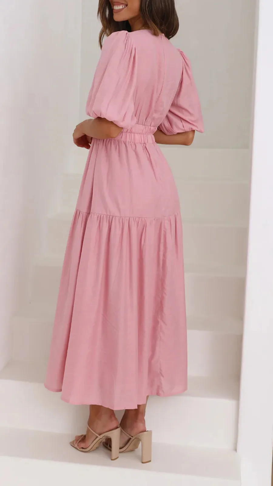 Solid Color Puffy Midi Dress