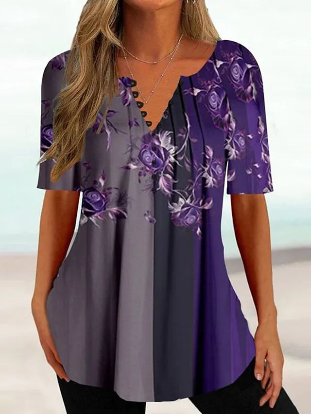 Women's T shirt Tee Black White Navy Blue Floral Button Print Short Sleeve Holiday Weekend Tunic Basic Round Neck Regular Fit Floral Painting