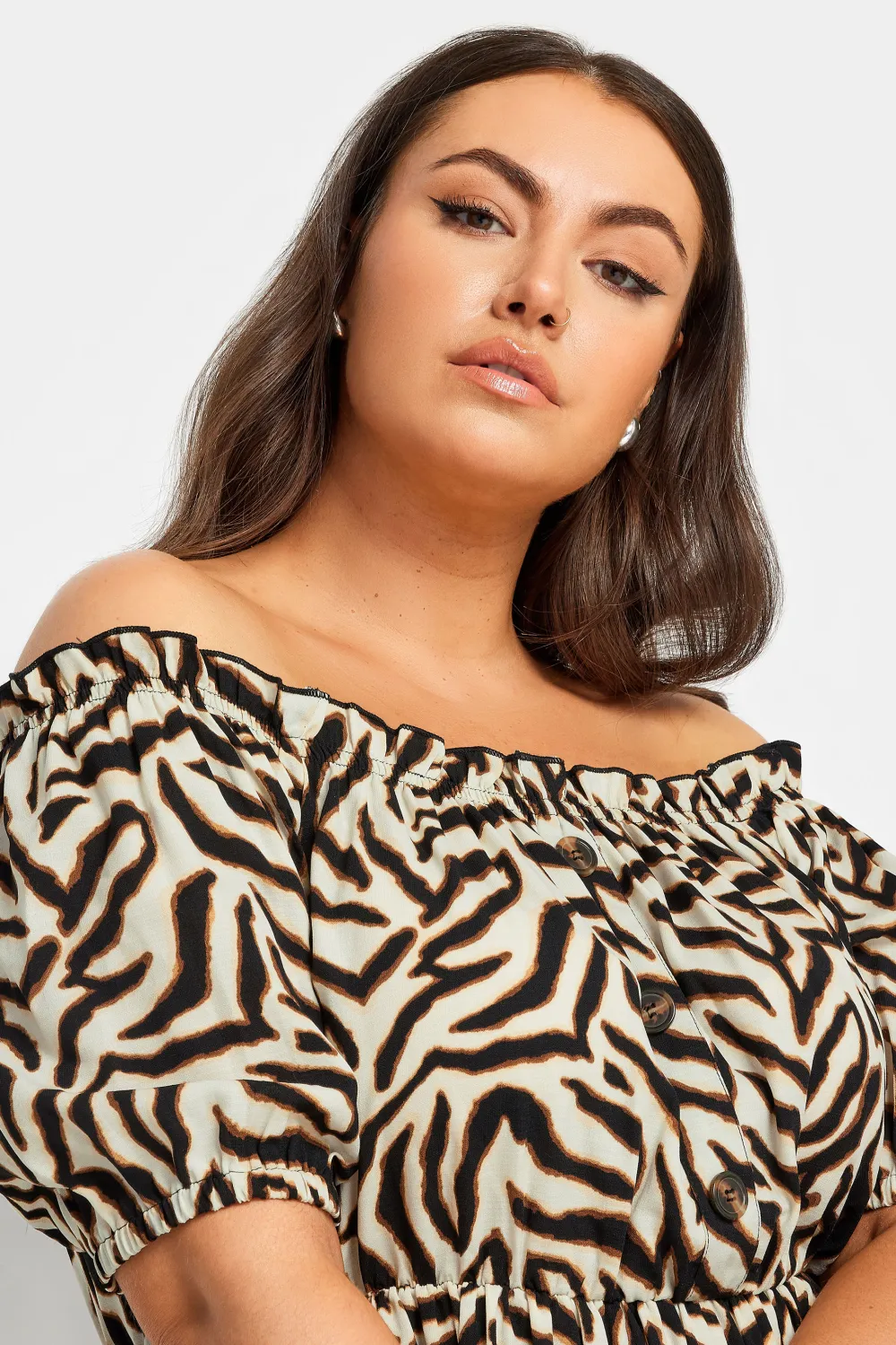 YOURS Curve Beige Brown Animal Print Bardot Midi Dress