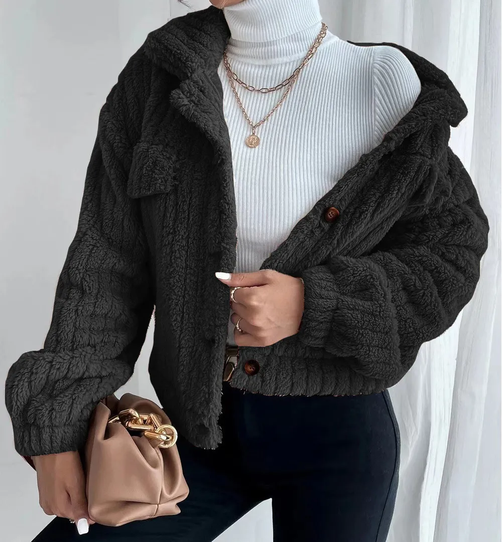 Solid Front Pockets Lapel Plush Coat