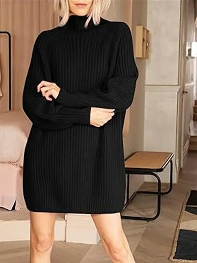 Women's Sweater Dress Jumper Dress Winter Dress Mini Dress Warm Fashion Casual Plain Outdoor Daily Vacation Going out Turtleneck Long Sleeve 2023 Loose Fit Black White Blue S M L XL