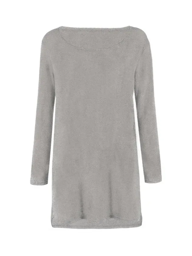 Women Fluffy Zipper Long Sleeve Casual Plus Size Sweater Dress