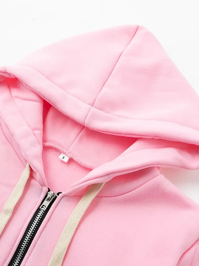Women's Casual Jacket Fall Windproof Hoodie Jacket with Pockets Casual Workout Regular Long Coat Warm Stylish Long Sleeve Plain Black Pink Wine Sport Street