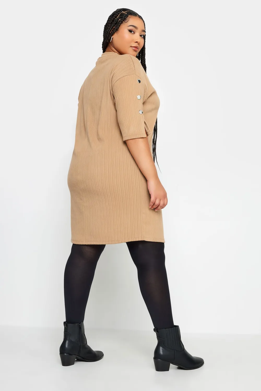 YOURS Curve Beige Brown Soft Touch Button Detail Mini Dress