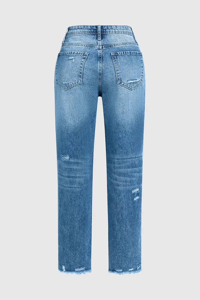 Ripped Raw Hem Zip Fly Mid Rise Straight Leg Jeans