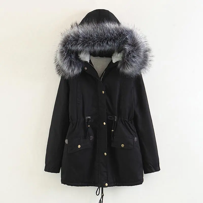 Faux Fur Collar Pockets Drawstring Women Parka Jacket Oversized Coat