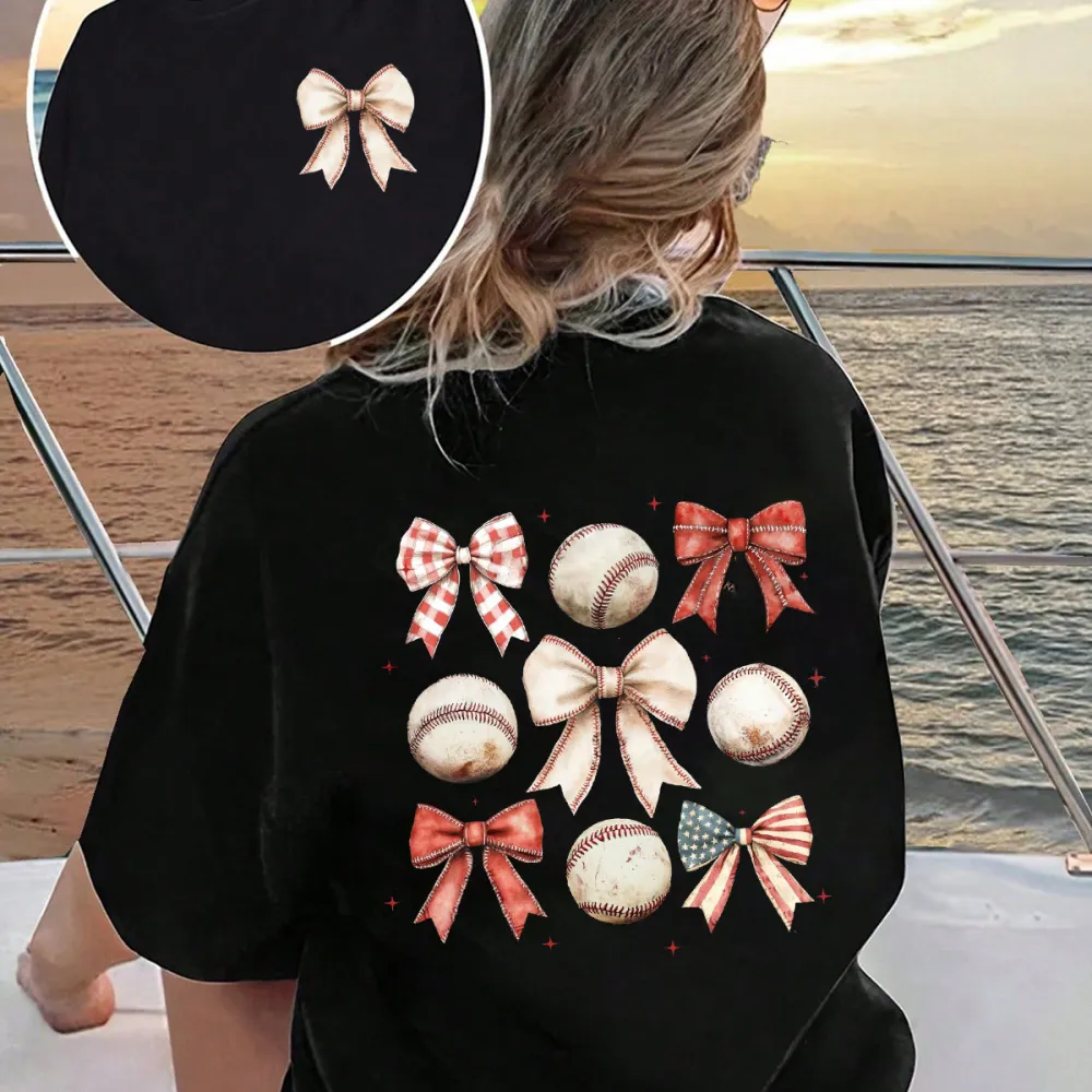 Red And White Plaid, Red, Beige, Bows With American Flag Elements And Several Baseball Patterns, Surrounded By Star Combination Patterns, Casual T-Shirt.