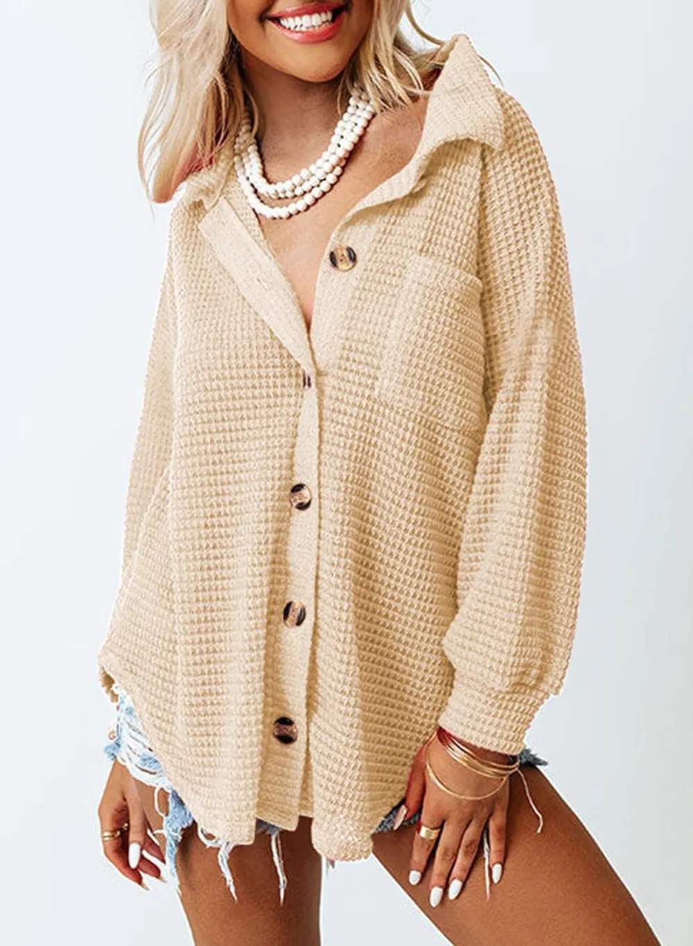 Womens Waffle Knit Button Down Shirts Casual Long Sleeve Shacket Jacket Boyfriend Tops Blouses Loose Fit