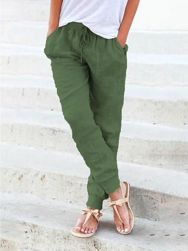 Women's Joggers Linen Pants Baggy Full Length Faux Linen Side Pockets Baggy Mid Waist Fashion Casual Weekend Yellow Army Green S M Autumn / Fall