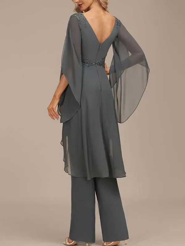 Jumpsuit/Pantsuit Separates Boat Neck Floor-Length Chiffon Evening Dress With Appliques Lace