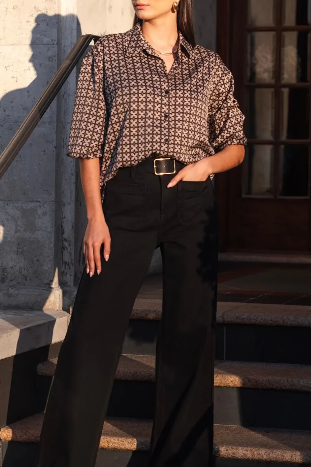 Black Geo Print Satin Oversized Shirt