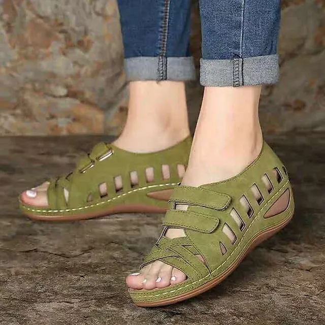 Women's Sandals Comfort Shoes Plus Size Barefoot Sandals Daily Summer Cut Out Wedge Heel Peep Toe Elegant Casual Faux Leather Magic Tape White Dark Green Brown