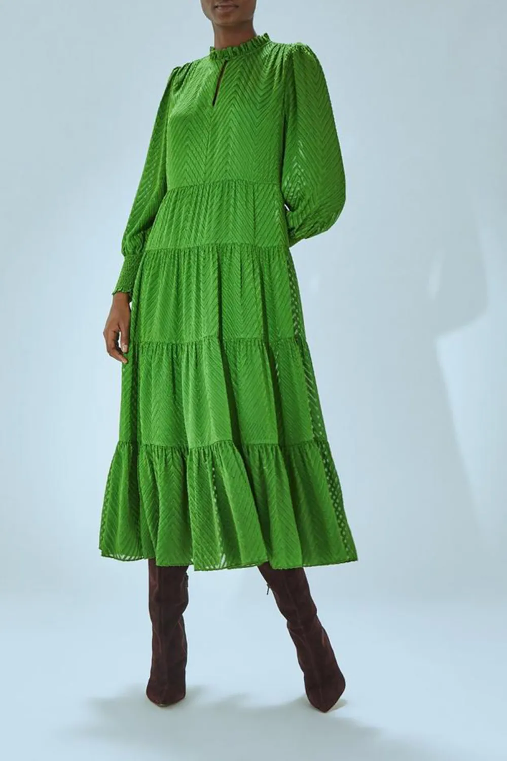 Green Tiered Long Sleeve Maxi Dress