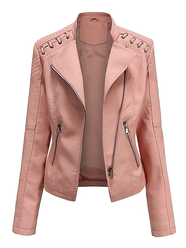 Women's  Faux Leather Jacket Moto Biker Jacket Fall Waterproof Windproof Coat Winter Zipper Lapel Modern Outerwear Long Sleeve Causal Vacation