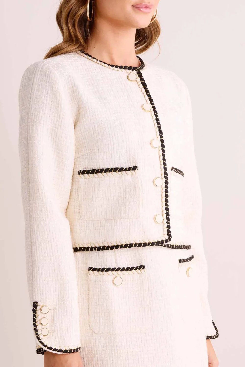 Beige Tweed Contrast Stitch Classic Cropped Jacket