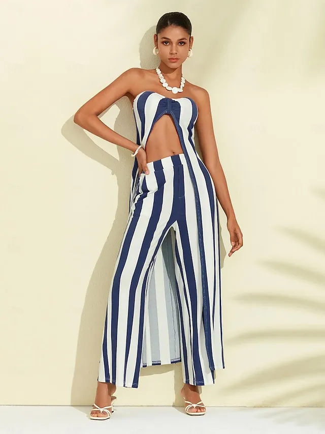 Striped Strapless Pocket Beach Jumpsuit