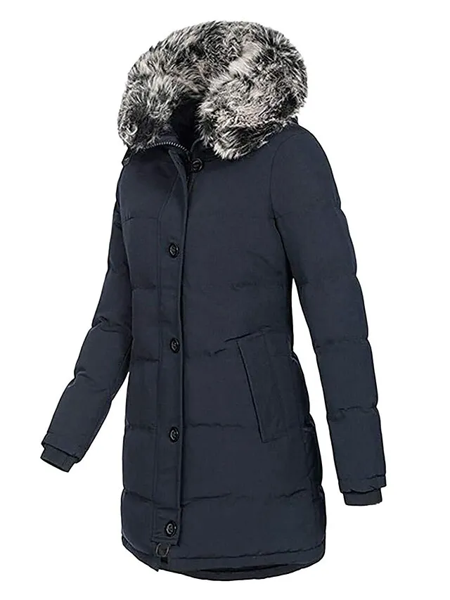 Women's Parka Puffer Jacket Winter Coat Zip up Hooded Coat with Fur Collar Thermal Warm Heated Coat Fall Outerwear with Pockets Classic Long Sleeve Black White