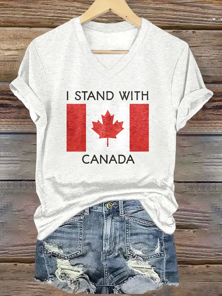 Women's I Stand With Canada Short Sleeves V-Neck Pure Cotton T-Shirt