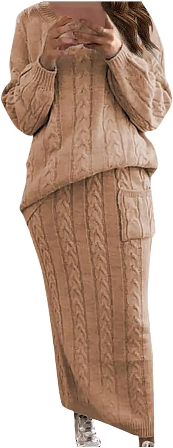 Women 2 Piece Outfits Knitted Sweater Tops and Long Skirt Turtleneck Long Sleeve Bodycon Dress Set Chunky Cable Knit