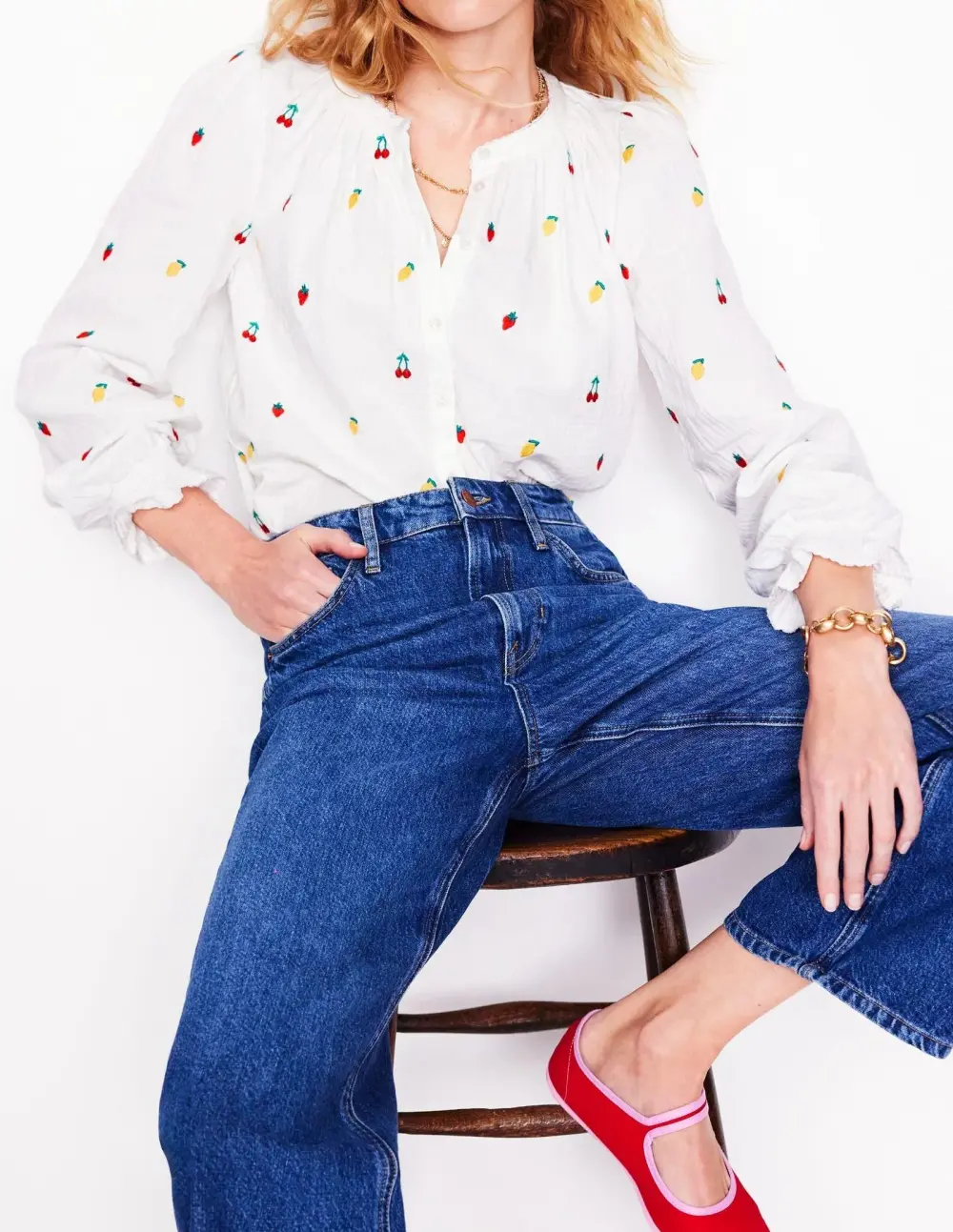 Fruit Embroidery Double Cloth Top