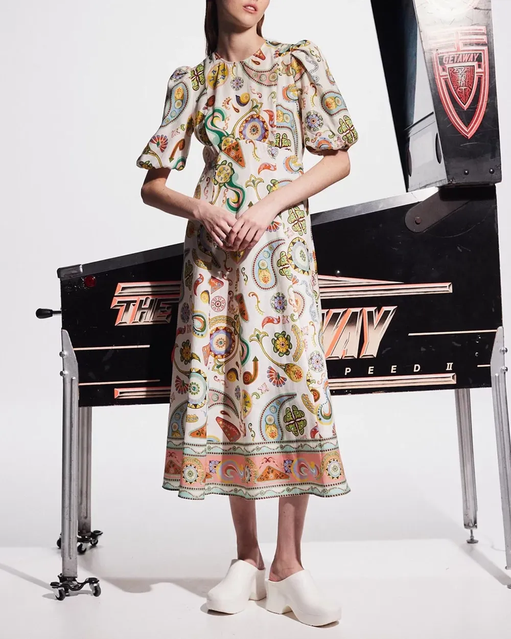 Puff Sleeves Crew Neck Midi Dress