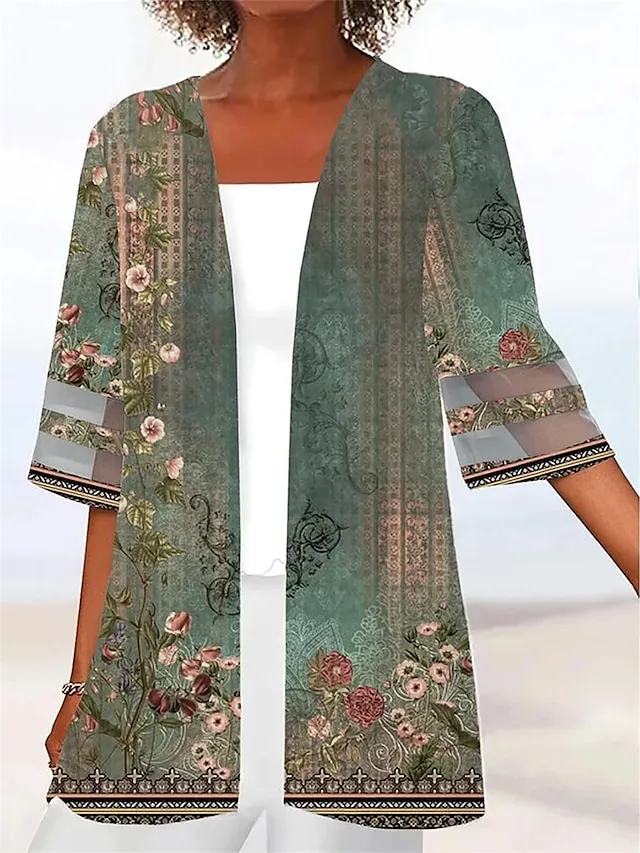 Women's Jacket Casual Jacket Outdoor Patchwork Floral Breathable Fashion Regular Fit Outerwear 3/4 Length Sleeve Summer Light Pink S