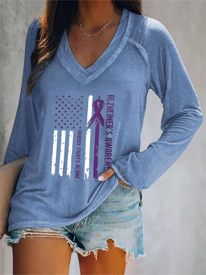 Women'S Alzheimer'S Awareness Nobody Fights Alone V-Neck T-Shirt