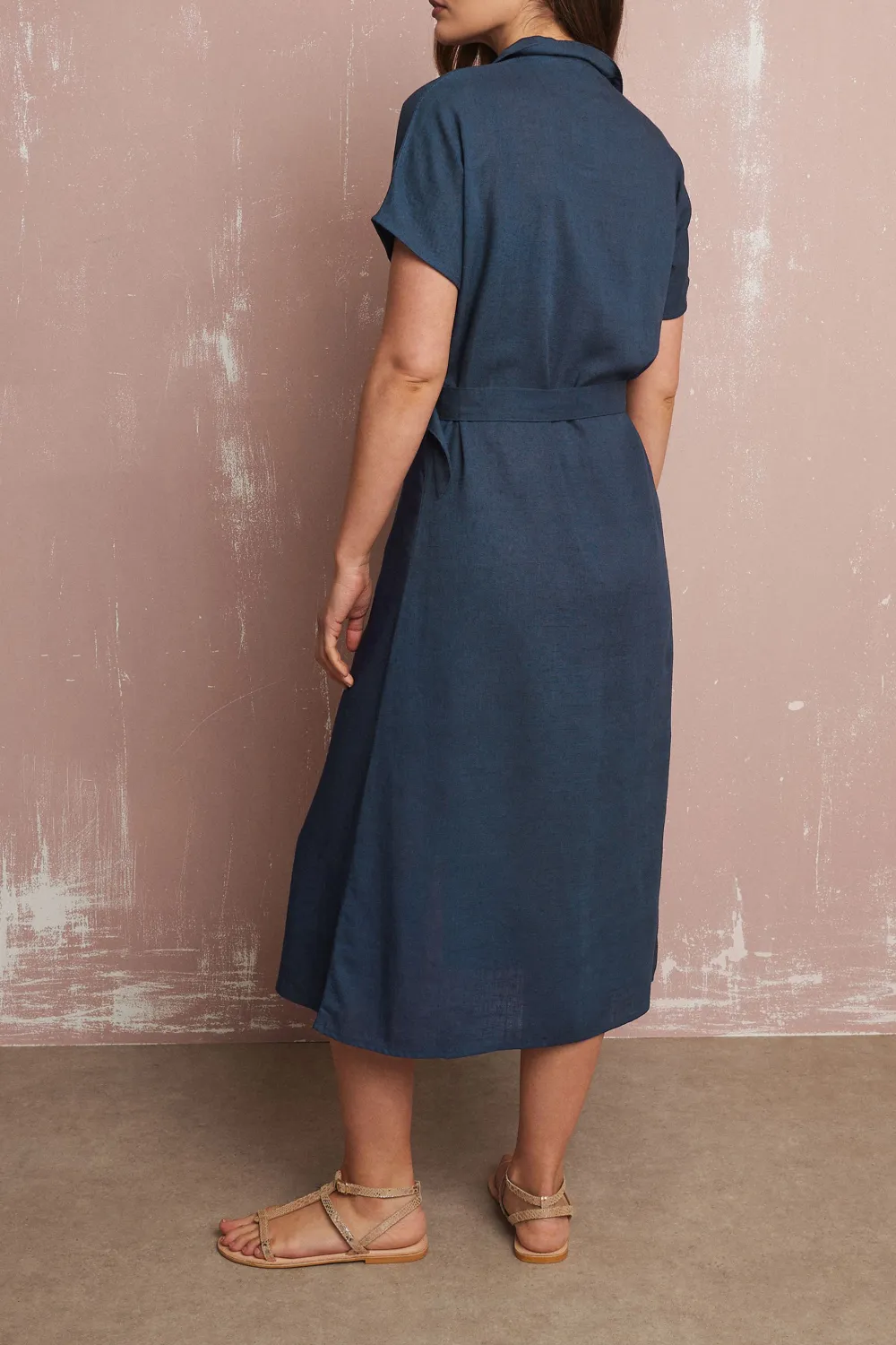 Navy Blue Linen Button Casual Style Dress