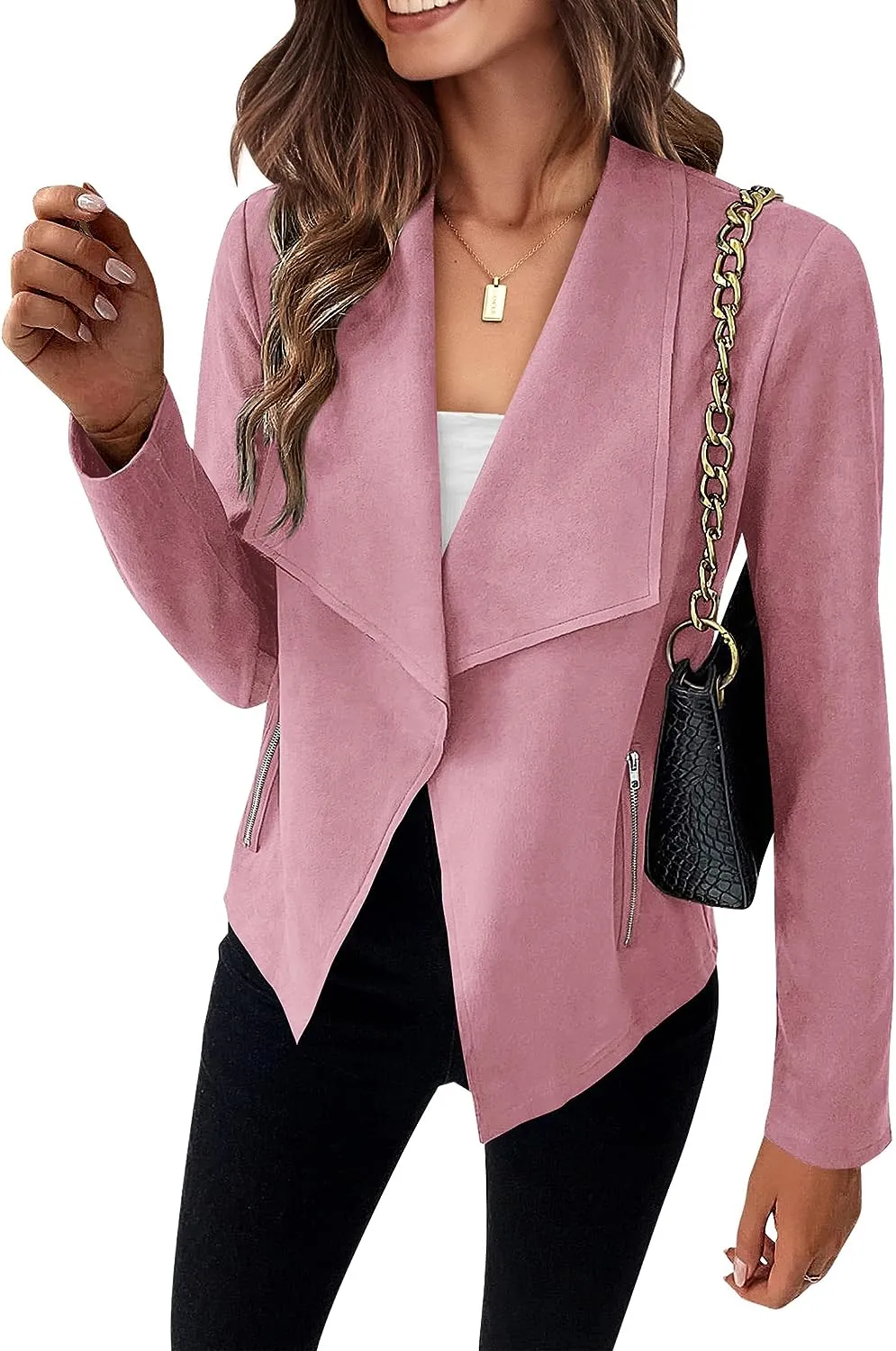 Women's Faux Suede Jackets 2023 Fall Clothes Long Sleeve Open Front Cropped Coat Outwear