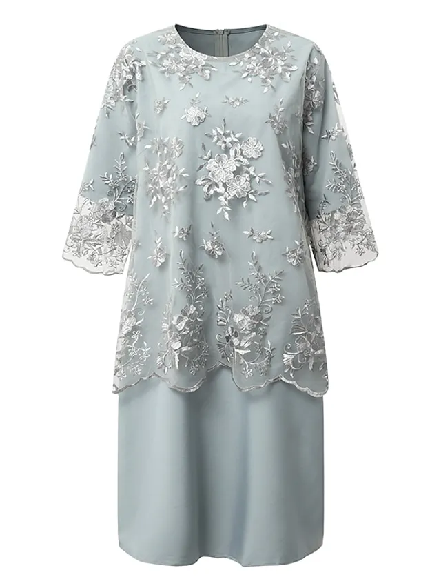 Women‘s Plus Size Party Dress Lace Dress Semi Formal Dress Midi Dress Navy Blue Blue Gold 3/4 Length Sleeve Floral Lace Summer Spring Fall Crew Neck Elegant Party Wedding Guest Dress