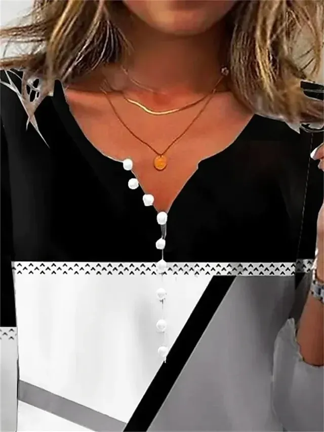 Women's T shirt Tee Black Color Block Button Print Long Sleeve Daily Weekend Basic V Neck Regular Painting S