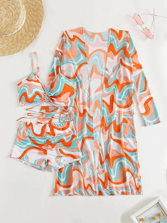 Women's Swimwear Bikini Normal Swimsuit 3-Piece Printing Graphic Black Yellow Blue Purple Orange Bathing Suits Sports Beach Wear Push Up