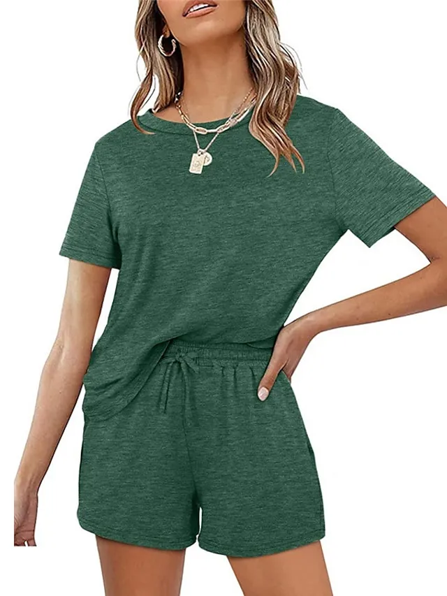 Women's Loungewear Sets Nighty 2 Pieces Pure Color Simple Comfort Home Street Cotton Crew Neck Short Sleeve T shirt Tee Shorts Spring Summer Green Blue