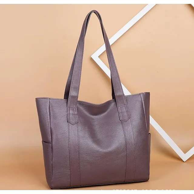 Women's Handbag Tote Shoulder Bag PU Leather Office Shopping Daily Zipper Solid Color Black Red Purple