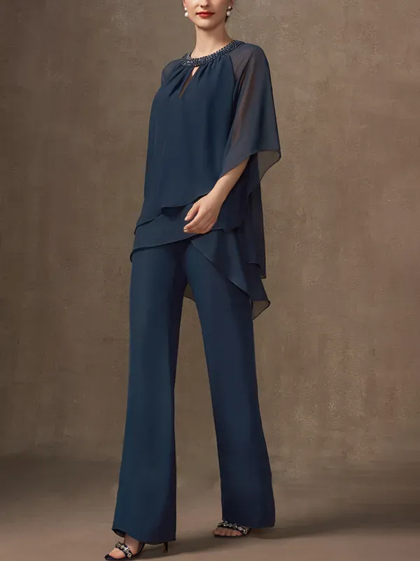 Chiffon Mother Sequin Top Trousers Set