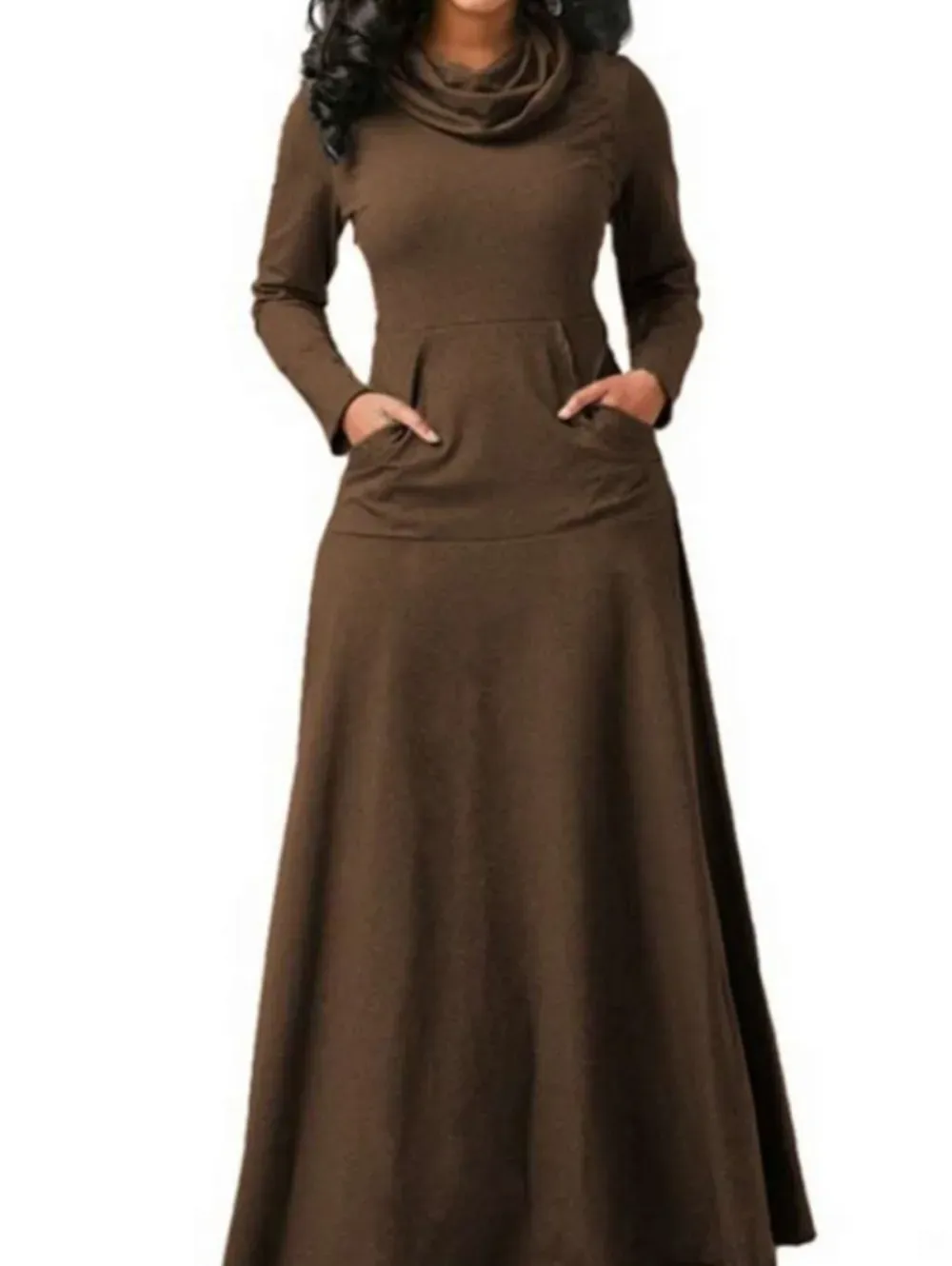 Casual Cowl Neck Pocket Long Sleeve Plain Maxi Dress