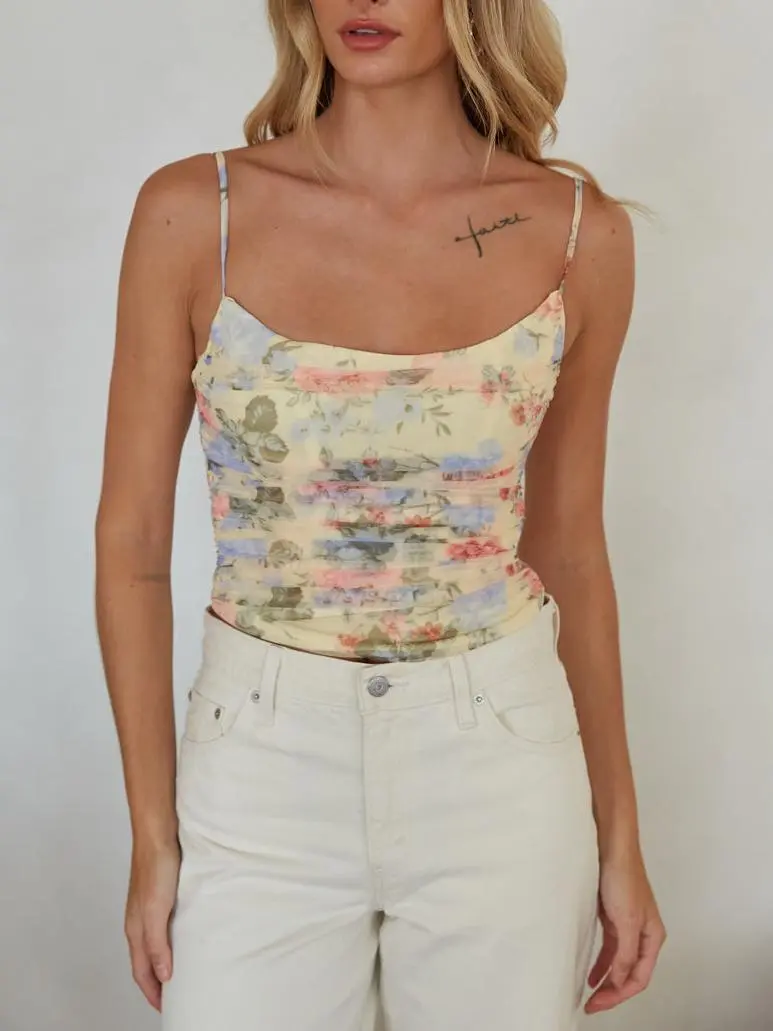 Penelope Ruched Floral Mesh Top