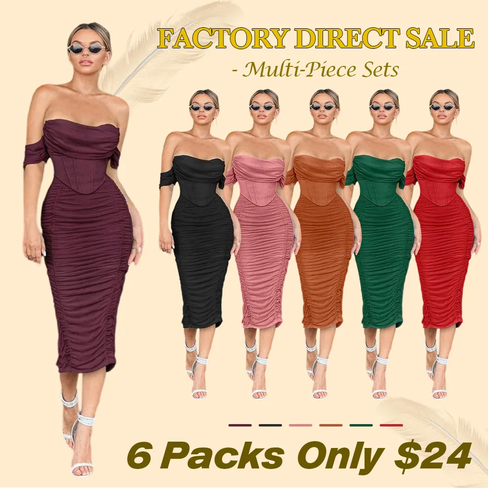 Women's Off The Shoulder Cocktail Midi Dress with Built-in Bra Ruched Bodycon Corset for Fall Homecoming Wedding Guest Formal Party - Sleeveless