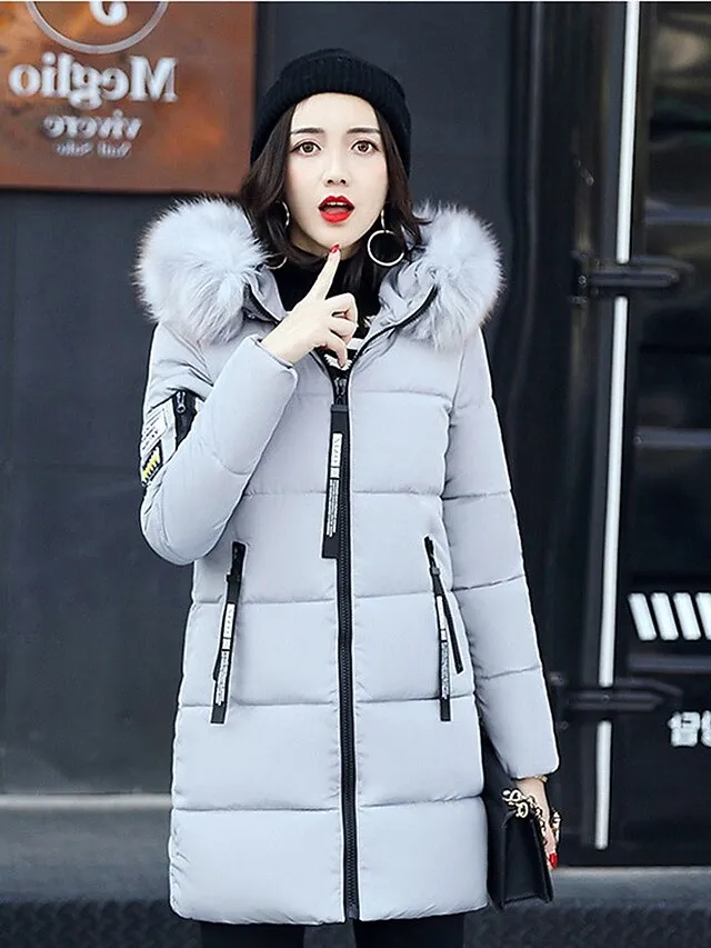 Women's Puffer Jacket Long with Pockets Slim Fit Fur Collar Coat powder Bean Green White Black Gray Classic Style Christmas Winter Zipper Hoodie Regular Fit M L XL XXL XXXL / Daily / Windproof