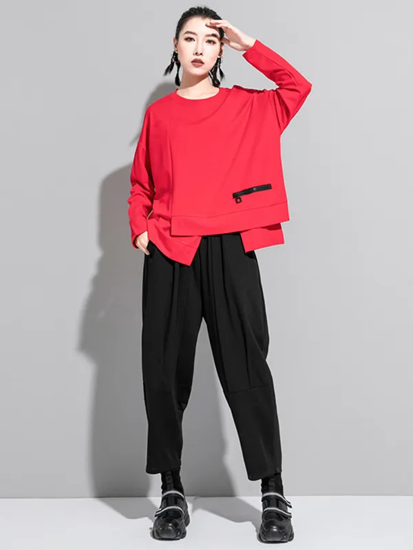 Solid Color Asymmetric Split-Joint Zipper Loose T-Shirt